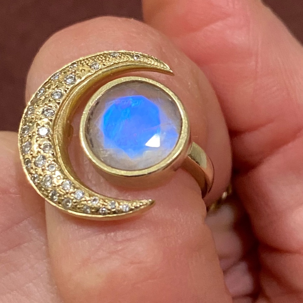 Logan Hollowell Queen Moonstone Crescent Ring with Sprinkled Diamonds size 5.5